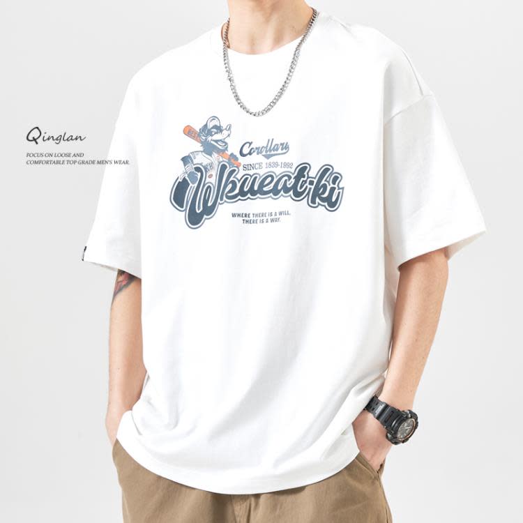 短袖T恤 夏季棉質圓領寬松白色男士t恤男日系休閒印花潮流潮牌美式短t-細節圖3