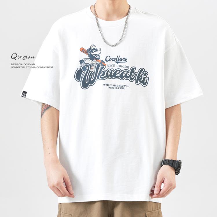 短袖T恤 夏季棉質圓領寬松白色男士t恤男日系休閒印花潮流潮牌美式短t-細節圖4