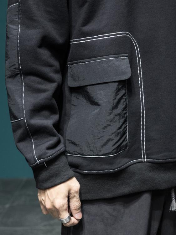 衛衣 美式口袋男春秋季ins潮牌寬松大碼長袖無帽圓領加絨外套上衣-細節圖3