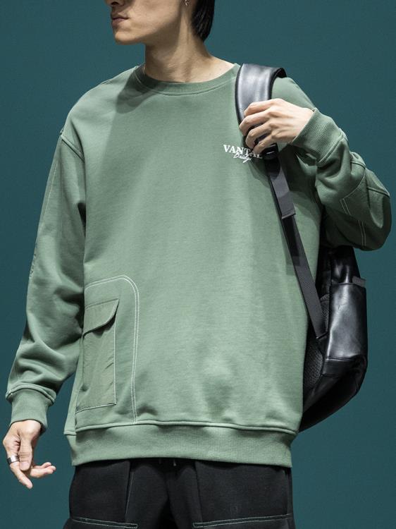 衛衣 美式口袋男春秋季ins潮牌寬松大碼長袖無帽圓領加絨外套上衣-細節圖5