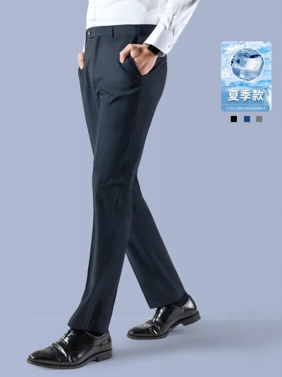 男士西褲男款夏季薄款休閒西服褲西裝褲直筒垂感藏青色彈力九分褲-細節圖3