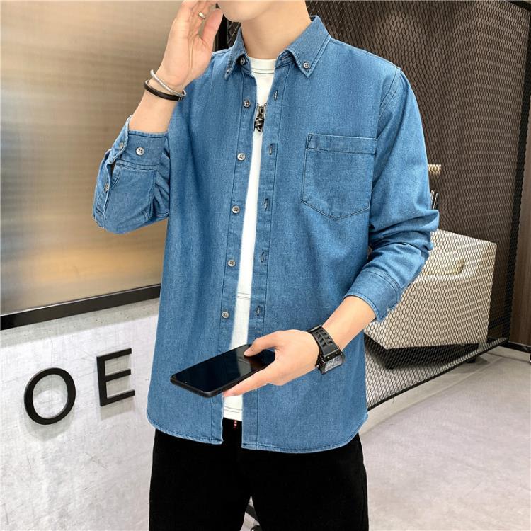 襯衫 牛仔長袖男純棉休閒青年男裝上衣文藝棉襯衣秋季上衣潮流百搭-細節圖2