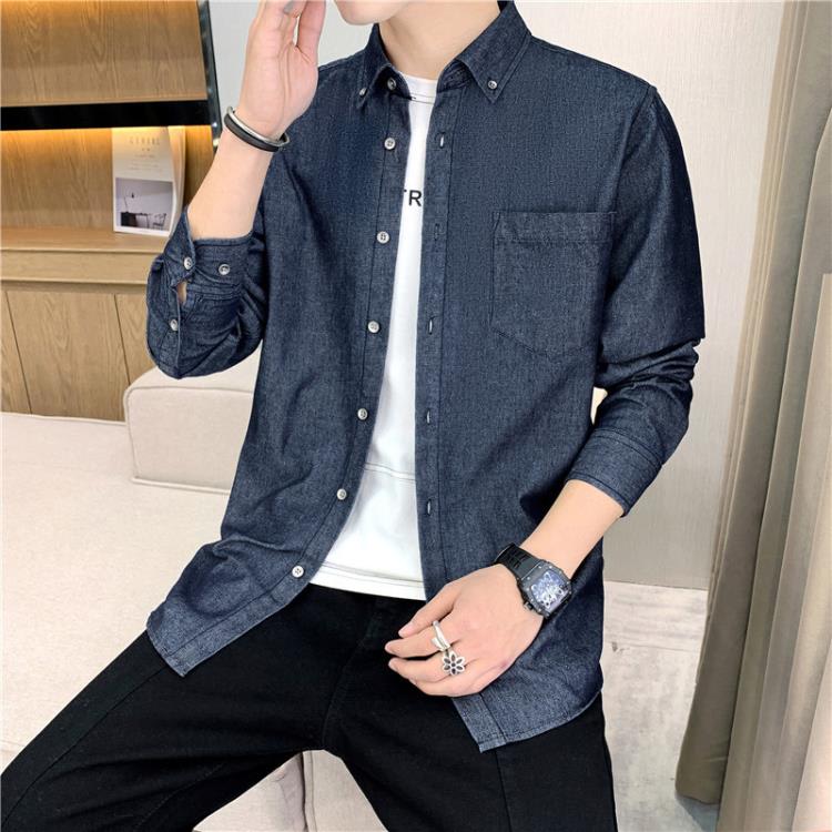襯衫 牛仔長袖男純棉休閒青年男裝上衣文藝棉襯衣秋季上衣潮流百搭-細節圖3