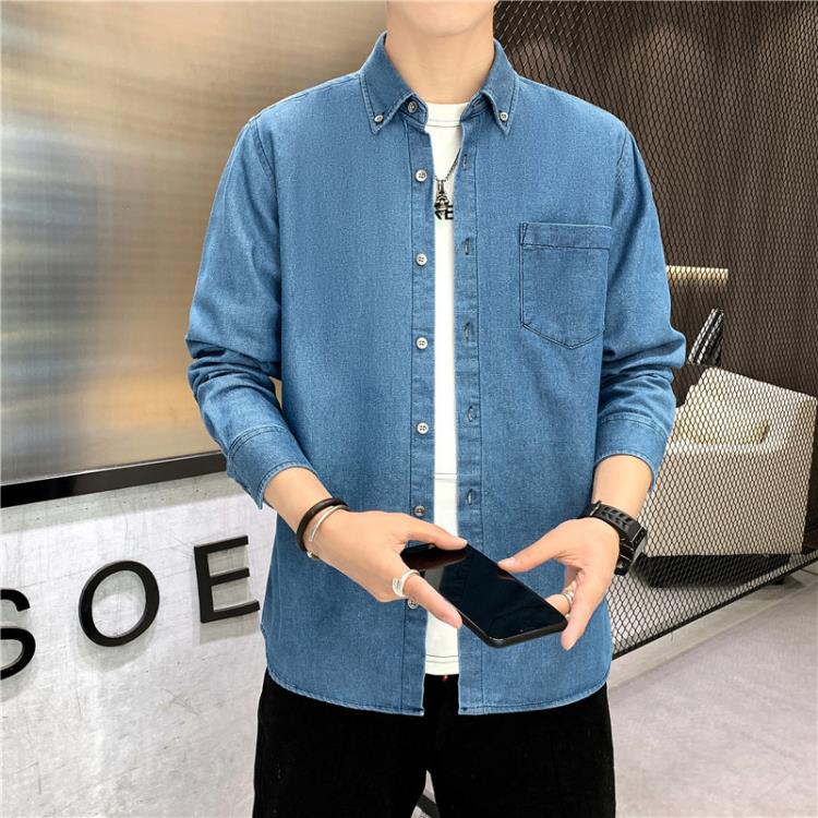 襯衫 牛仔長袖男純棉休閒青年男裝上衣文藝棉襯衣秋季上衣潮流百搭-細節圖4