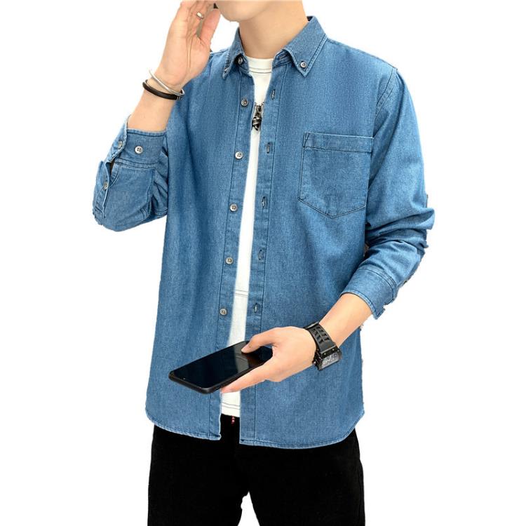 襯衫 牛仔長袖男純棉休閒青年男裝上衣文藝棉襯衣秋季上衣潮流百搭-細節圖5