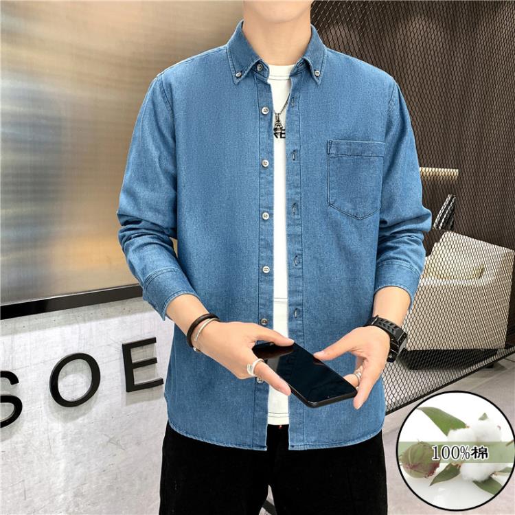 襯衫 牛仔長袖男純棉休閒青年男裝上衣文藝棉襯衣秋季上衣潮流百搭-細節圖6