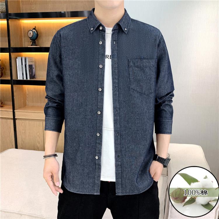 襯衫 牛仔長袖男純棉休閒青年男裝上衣文藝棉襯衣秋季上衣潮流百搭-細節圖7