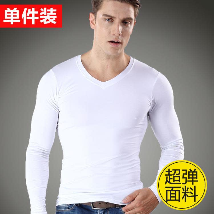 男士內衣單件上衣超薄啊秋衣男打底衫青年貼身圓領春秋長袖高彈力-細節圖3