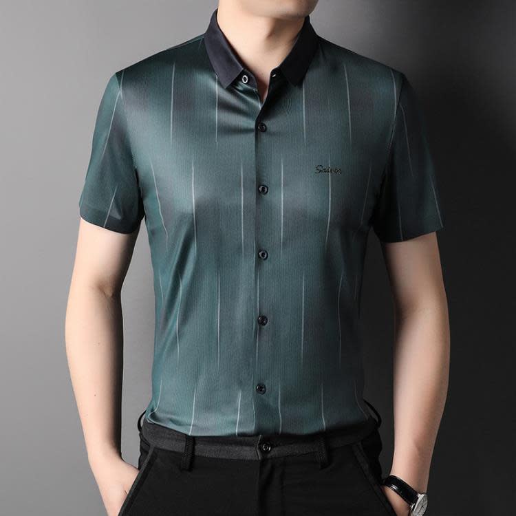 襯衫 2023夏季男式短袖印花合體型條紋薄款中年男士商務休閒襯衣-細節圖2