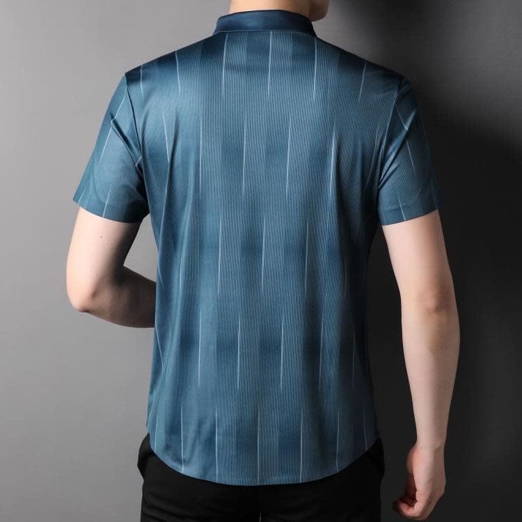 襯衫 2023夏季男式短袖印花合體型條紋薄款中年男士商務休閒襯衣-細節圖4