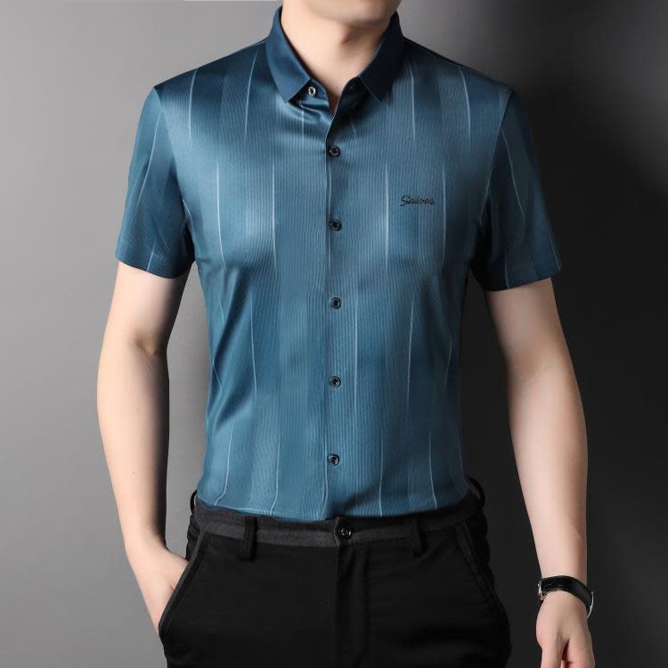 襯衫 2023夏季男式短袖印花合體型條紋薄款中年男士商務休閒襯衣-細節圖6