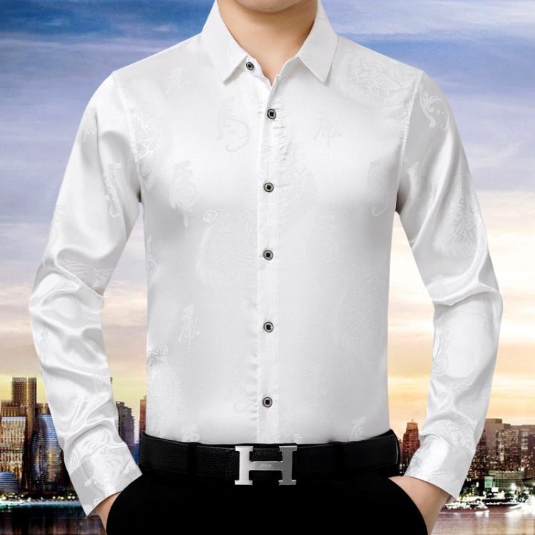 品牌秋季男裝絲光棉襯衫男士長袖薄款印花中老年爸爸裝襯衣服免燙-細節圖2