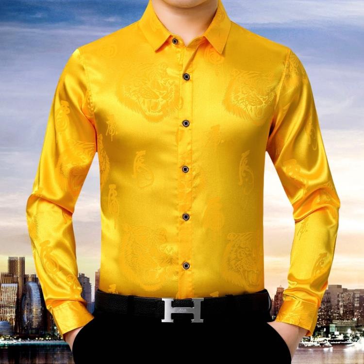 品牌秋季男裝絲光棉襯衫男士長袖薄款印花中老年爸爸裝襯衣服免燙-細節圖3