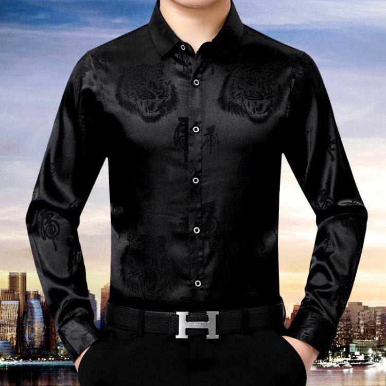 品牌秋季男裝絲光棉襯衫男士長袖薄款印花中老年爸爸裝襯衣服免燙-細節圖4