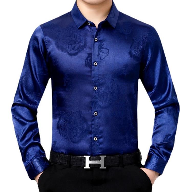 品牌秋季男裝絲光棉襯衫男士長袖薄款印花中老年爸爸裝襯衣服免燙-細節圖5