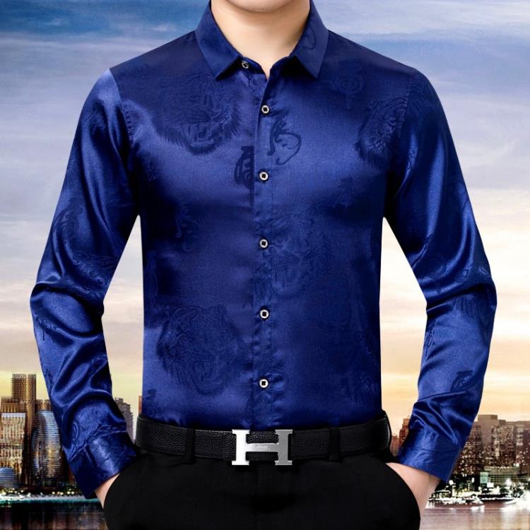 品牌秋季男裝絲光棉襯衫男士長袖薄款印花中老年爸爸裝襯衣服免燙-細節圖6