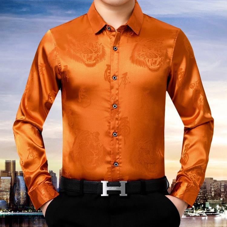 品牌秋季男裝絲光棉襯衫男士長袖薄款印花中老年爸爸裝襯衣服免燙-細節圖7