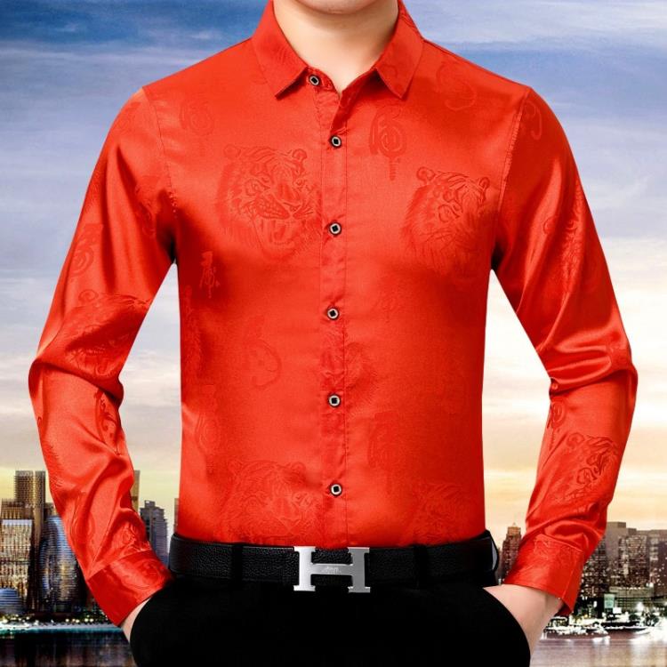 品牌秋季男裝絲光棉襯衫男士長袖薄款印花中老年爸爸裝襯衣服免燙-細節圖8