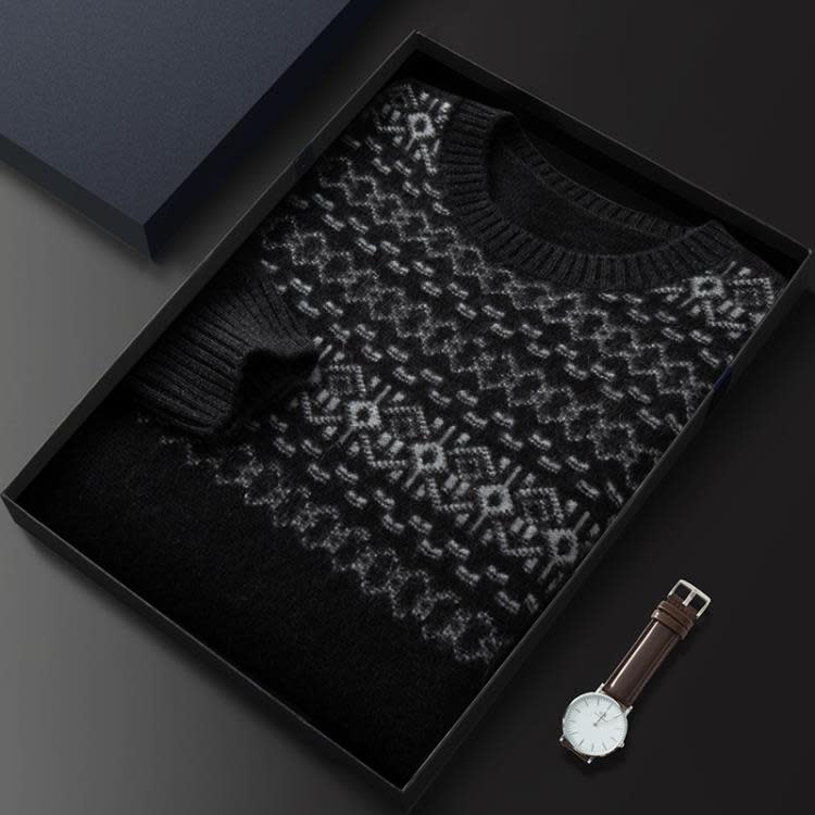 毛衣 秋冬山羊絨衫男雙股加厚圓領提花針織大碼寬松外穿套頭羊毛衫-細節圖3