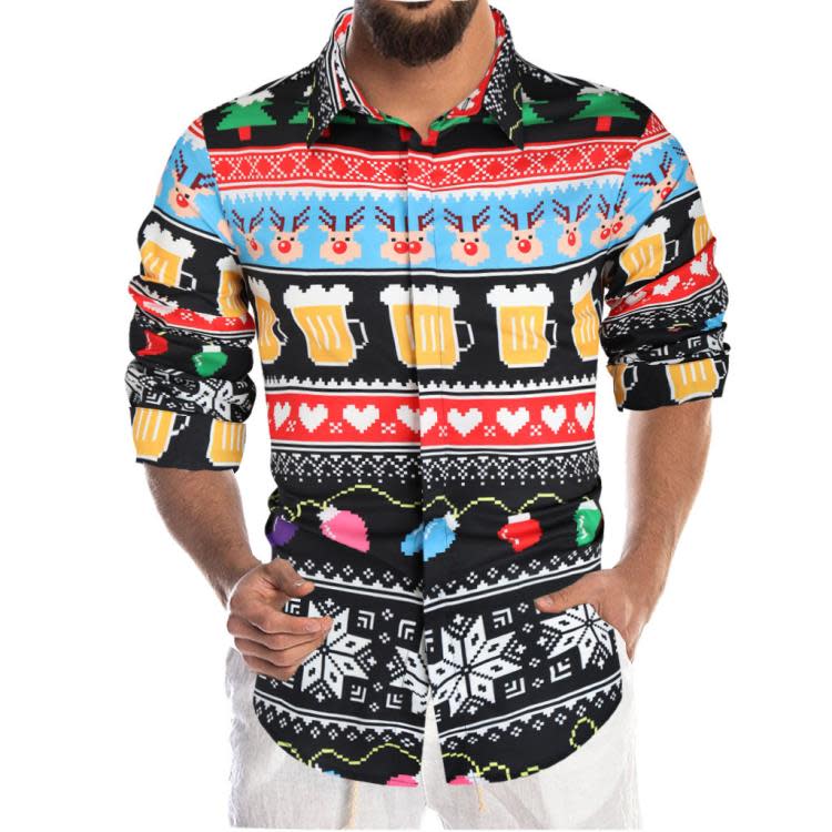 代髮2023秋男士圣誕節襯衫3D數碼印花長袖青年男批髮-細節圖2