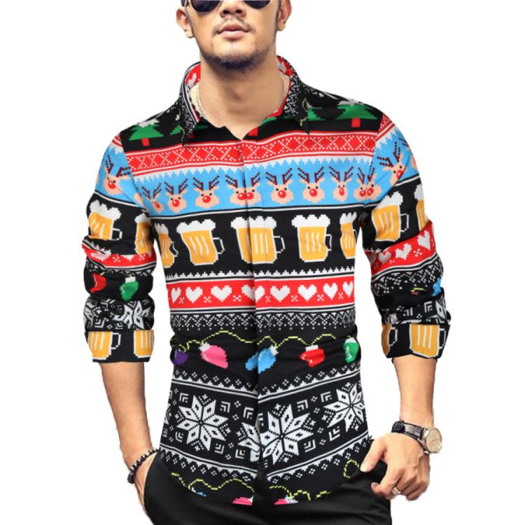 代髮2023秋男士圣誕節襯衫3D數碼印花長袖青年男批髮-細節圖3