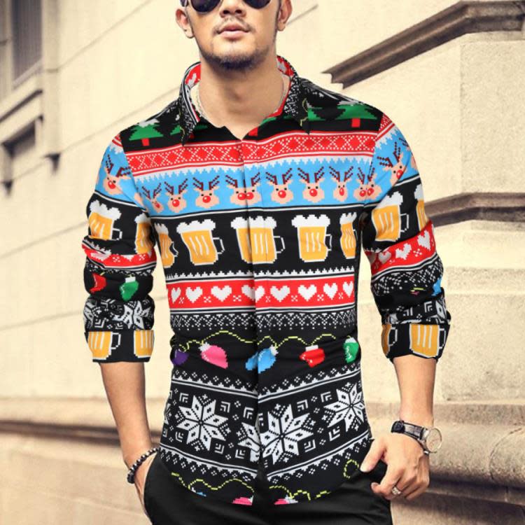 代髮2023秋男士圣誕節襯衫3D數碼印花長袖青年男批髮-細節圖4