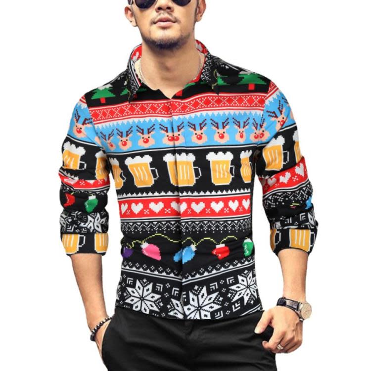 代髮2023秋男士圣誕節襯衫3D數碼印花長袖青年男批髮-細節圖5