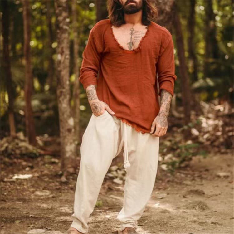 2023新款男棉麻純色V領長袖襯衣T恤爆款襯衣T恤男-細節圖2