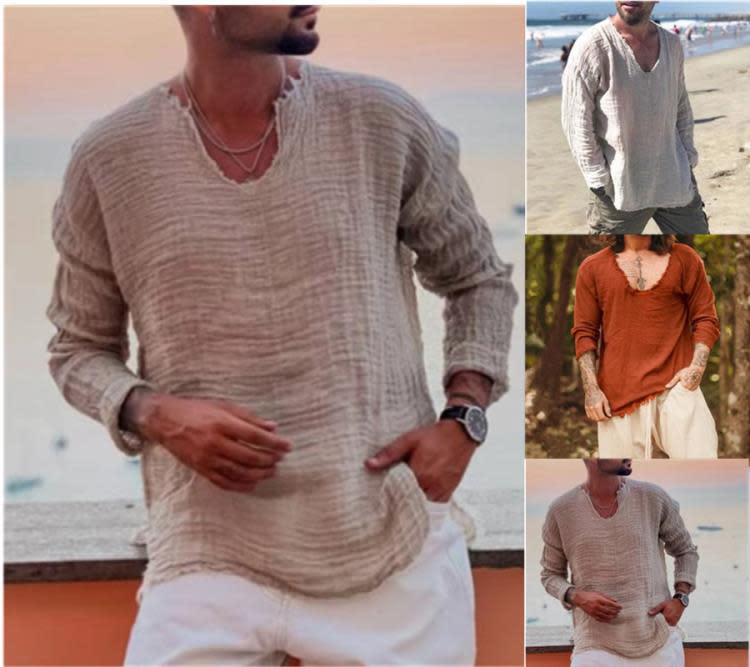 2023新款男棉麻純色V領長袖襯衣T恤爆款襯衣T恤男-細節圖3