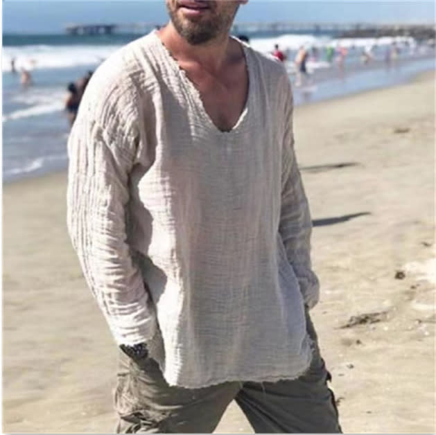 2023新款男棉麻純色V領長袖襯衣T恤爆款襯衣T恤男-細節圖6