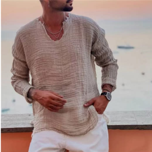 2023新款男棉麻純色V領長袖襯衣T恤爆款襯衣T恤男-細節圖8