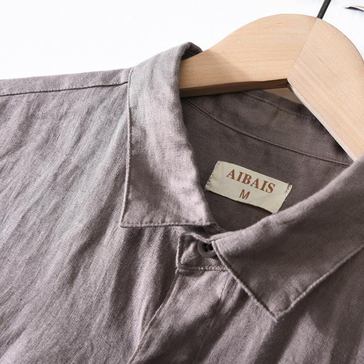 襯衫 1203男士亞麻短袖夏季涼爽透氣棉麻上衣翻領休閒日系口袋襯衣-細節圖3