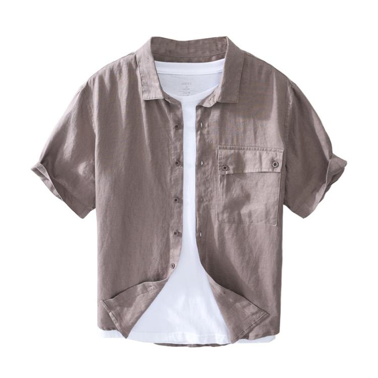 襯衫 1203男士亞麻短袖夏季涼爽透氣棉麻上衣翻領休閒日系口袋襯衣-細節圖5