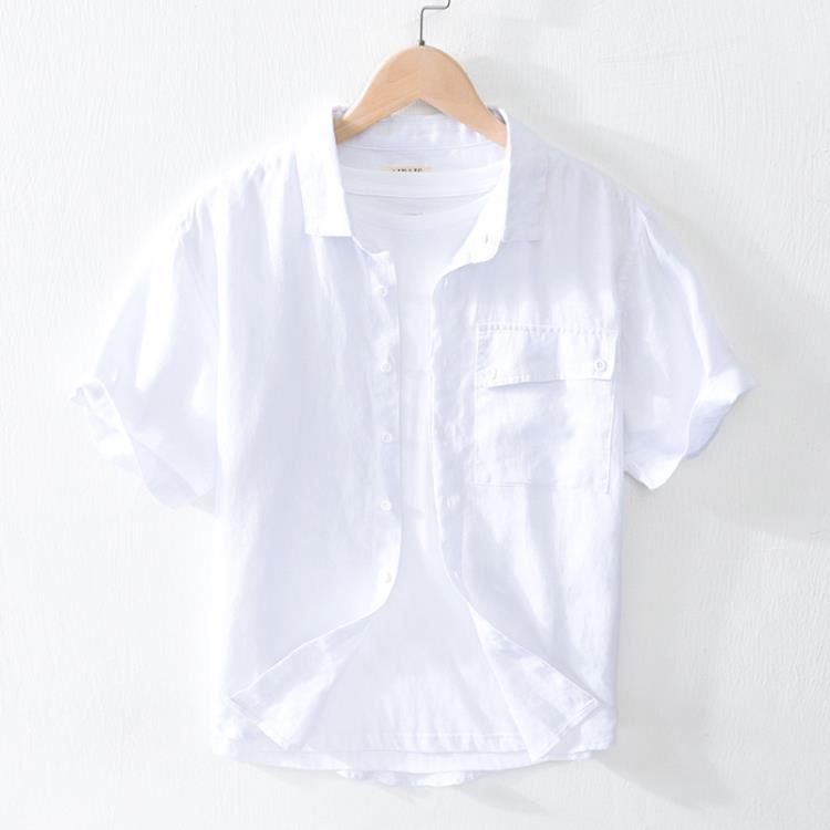 襯衫 1203男士亞麻短袖夏季涼爽透氣棉麻上衣翻領休閒日系口袋襯衣-細節圖6