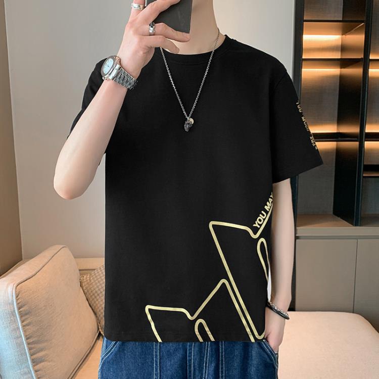 短袖T恤 2023夏季五分袖t恤男生圓領大碼體恤吸汗半袖潮牌純棉男士-細節圖2