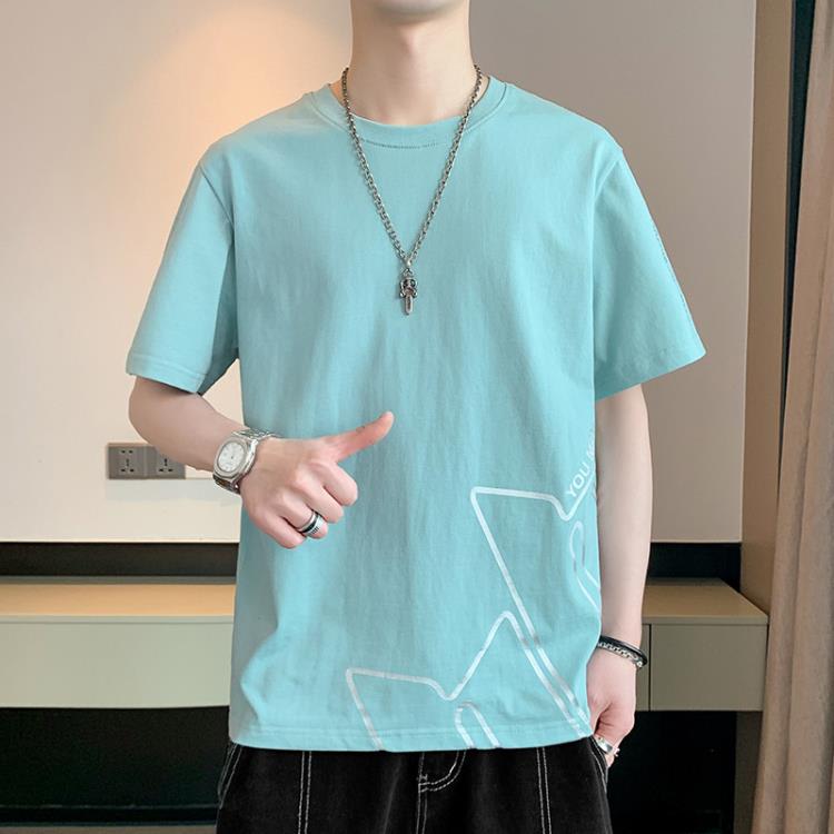短袖T恤 2023夏季五分袖t恤男生圓領大碼體恤吸汗半袖潮牌純棉男士-細節圖3