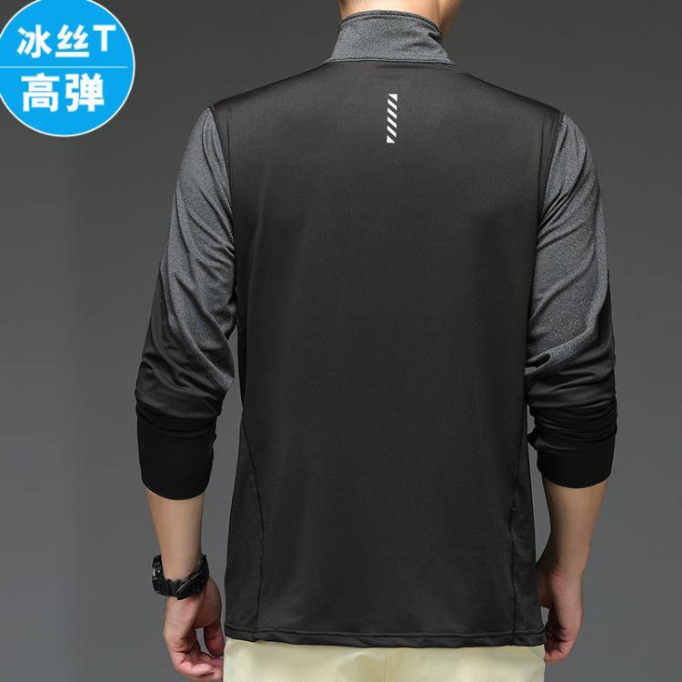 長袖T恤 春夏季休閒冰絲半拉鍊POLO衫男裝透氣彈力健身運動立領t恤男-細節圖3
