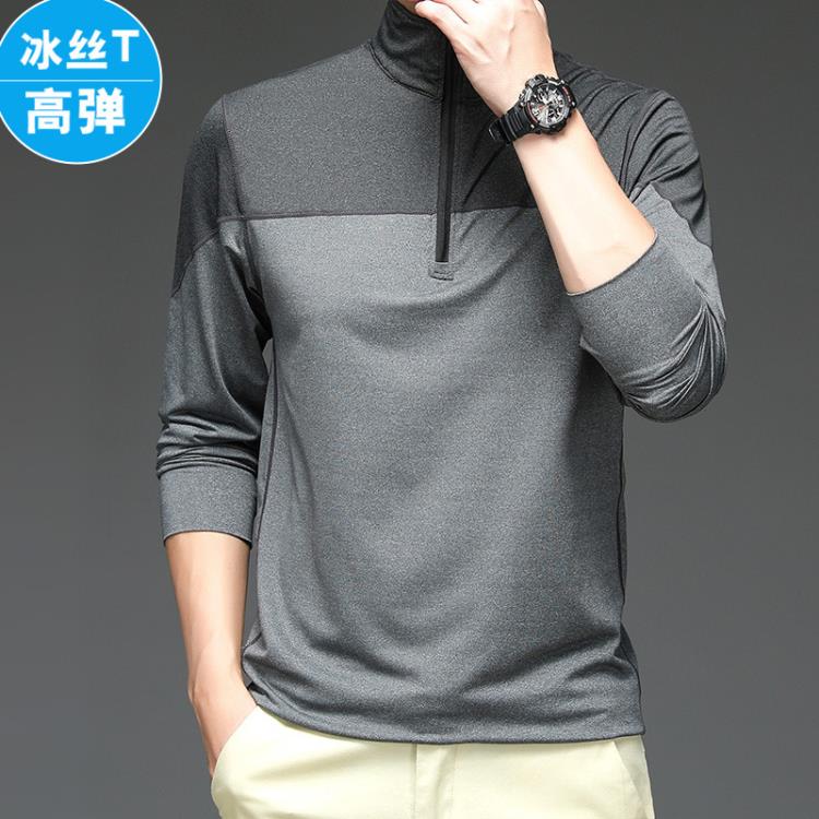 長袖T恤 春夏季休閒冰絲半拉鍊POLO衫男裝透氣彈力健身運動立領t恤男-細節圖4