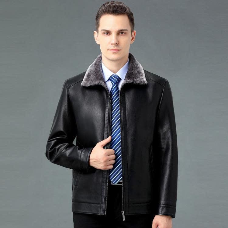 新款秋冬裝海寧皮衣男加絨加厚男士中年爸爸裝綿羊皮保暖夾克外套-細節圖3