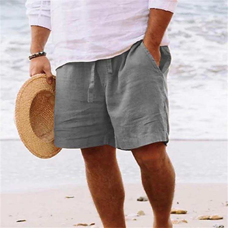 短褲 男式夏季棉麻抽繩松緊腰直腿純色透氣日常沙灘五分休閒中褲-細節圖3