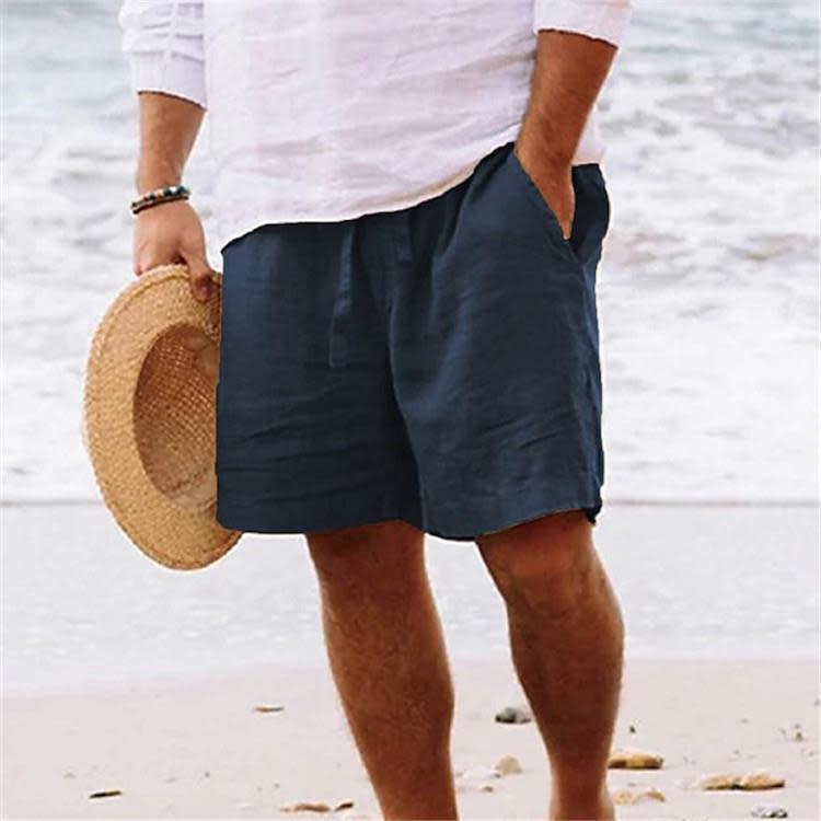 短褲 男式夏季棉麻抽繩松緊腰直腿純色透氣日常沙灘五分休閒中褲-細節圖4