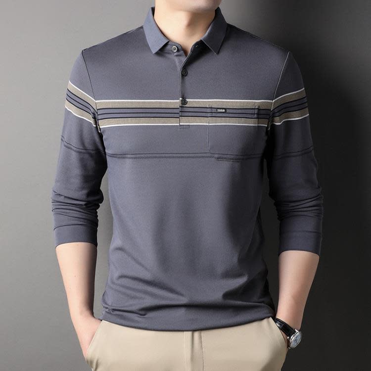 長袖T恤 其力男裝春裝條紋翻領t恤男2023商務休閒口袋polo衫男-細節圖2