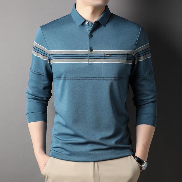 長袖T恤 其力男裝春裝條紋翻領t恤男2023商務休閒口袋polo衫男-細節圖3