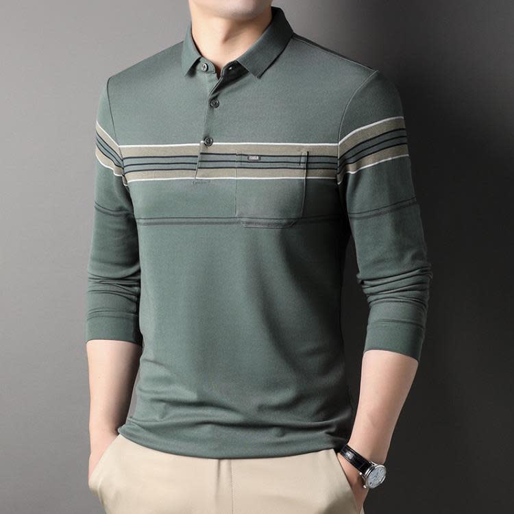 長袖T恤 其力男裝春裝條紋翻領t恤男2023商務休閒口袋polo衫男-細節圖4