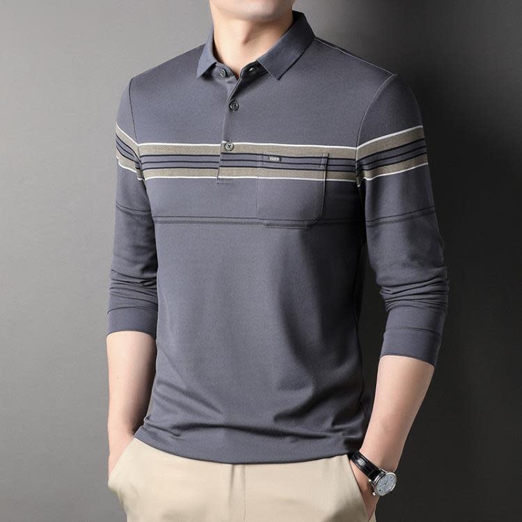 長袖T恤 其力男裝春裝條紋翻領t恤男2023商務休閒口袋polo衫男-細節圖6