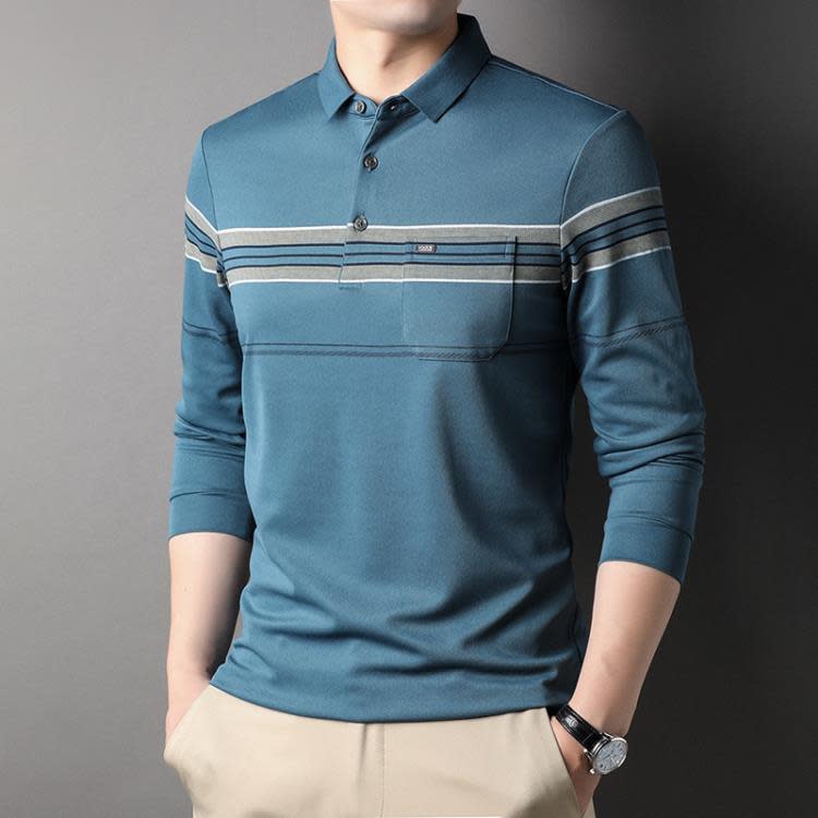 長袖T恤 其力男裝春裝條紋翻領t恤男2023商務休閒口袋polo衫男-細節圖7
