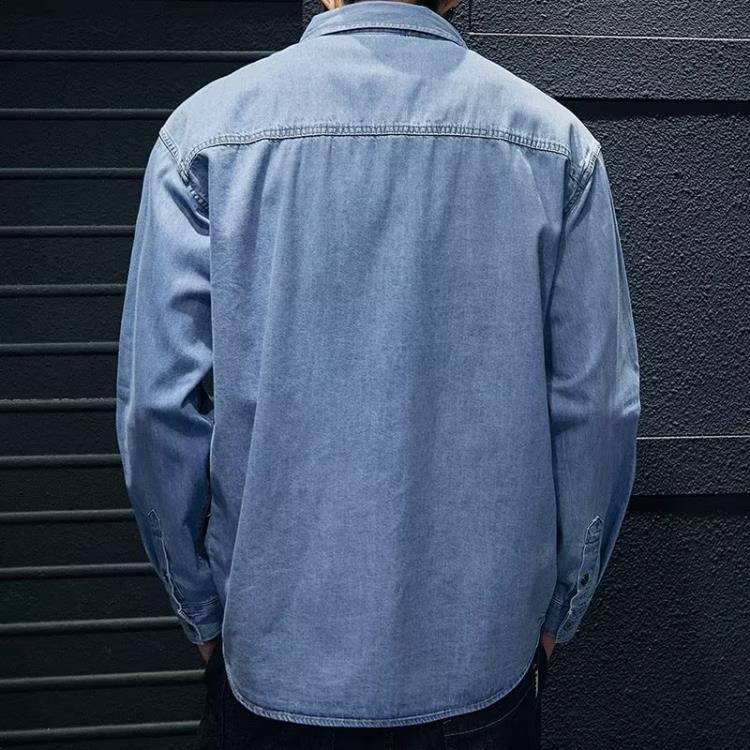 襯衫 春夏牛仔長袖男薄款開衫襯衣修身日系復古休閒純棉水洗牛仔-細節圖2