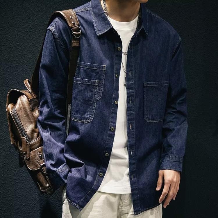 襯衫 春夏牛仔長袖男薄款開衫襯衣修身日系復古休閒純棉水洗牛仔-細節圖3