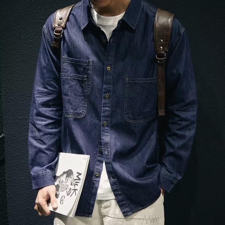 襯衫 春夏牛仔長袖男薄款開衫襯衣修身日系復古休閒純棉水洗牛仔-細節圖4