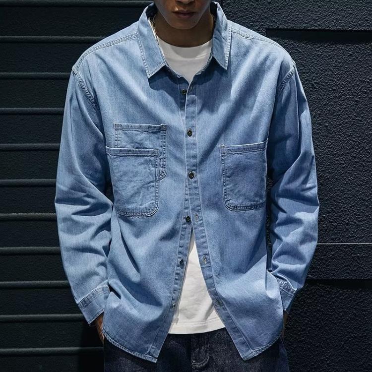 襯衫 春夏牛仔長袖男薄款開衫襯衣修身日系復古休閒純棉水洗牛仔-細節圖6